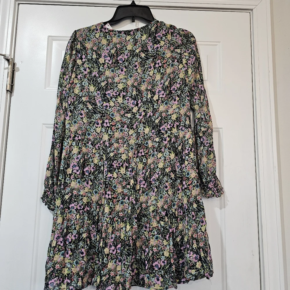 ZARA Black Flora Print long Sleeve Baby Doll Mini Dress Size Small Cottagecore - Picture 10 of 13